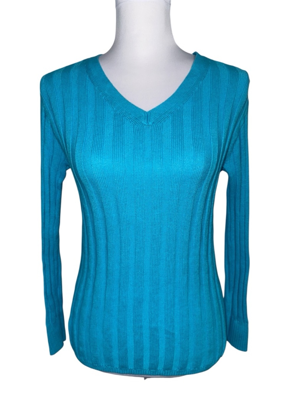 Talbots Teal Ribbed Knit V Neck Sweater Womens Small Cotton Linen Top